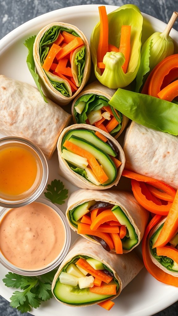 A plate of colorful rainbow veggie wraps with a variety of fresh vegetables and dipping sauces.