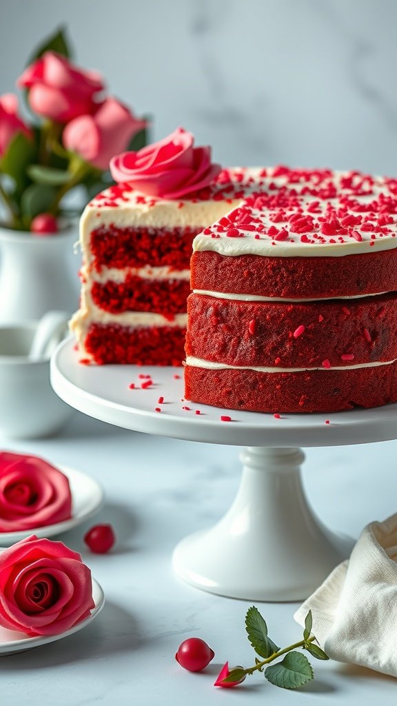 A beautifully decorated red velvet cake with cream cheese frosting, topped with rose decorations and surrounded by fresh roses.