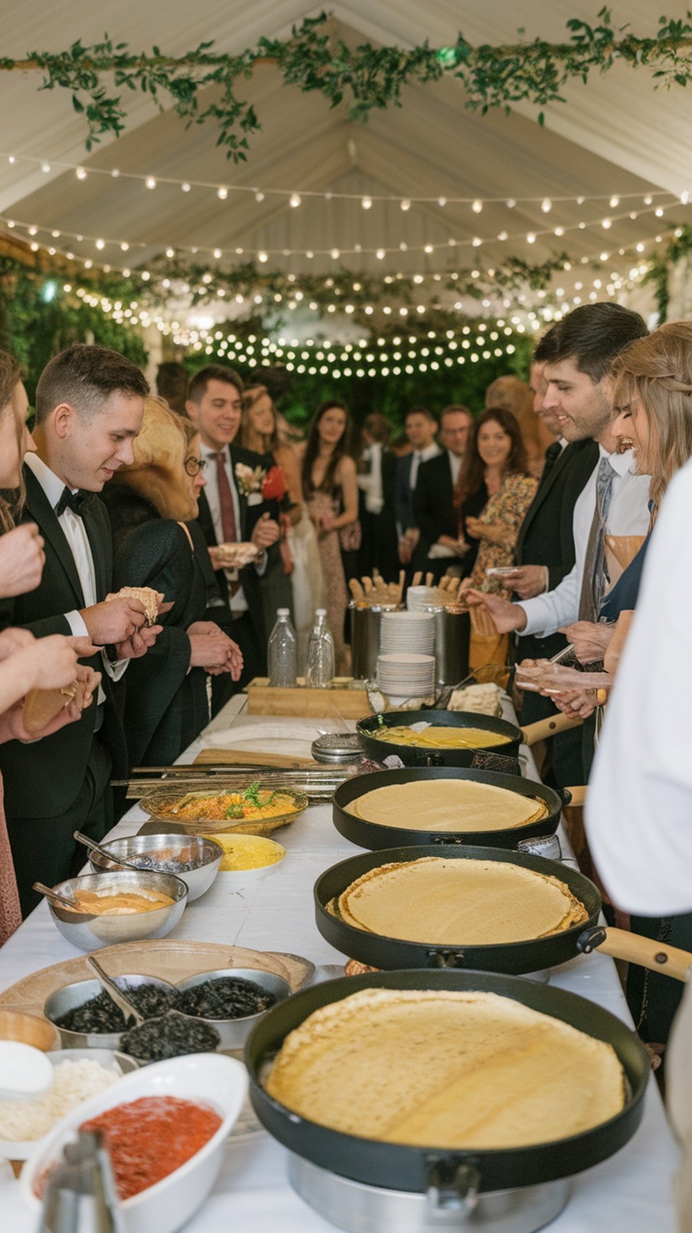 A lively savory crepe station at a wedding reception with guests enjoying the food.