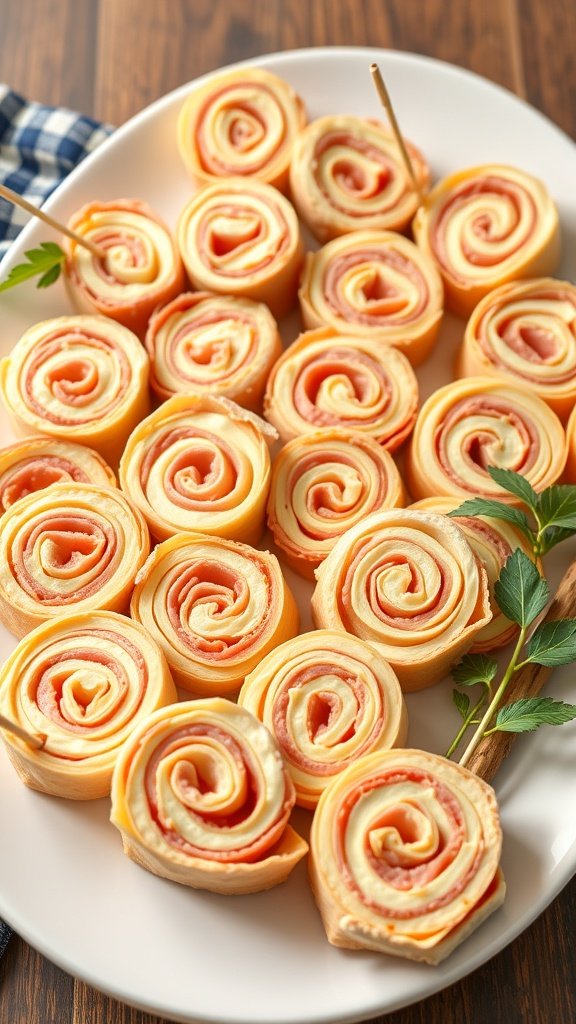 A platter of savory ham and cheese pinwheels, rolled and sliced, garnished with parsley.