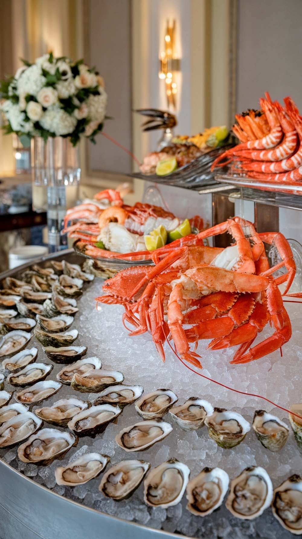 A beautifully arranged seafood raw bar featuring oysters, shrimp, and crab on ice.