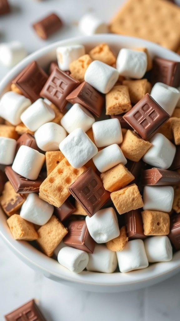 A bowl filled with s'mores snack mix, featuring graham cracker pieces, marshmallows, and chocolate.