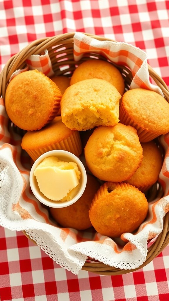 A basket of golden cornbread muffins with a dish of honey butter on a checkered tablecloth.