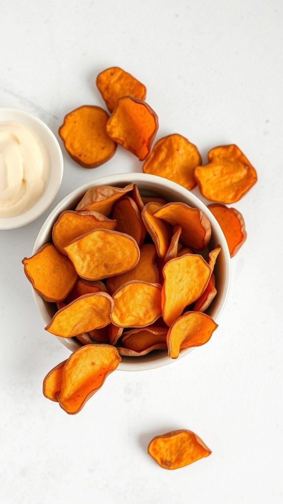 A bowl of crispy sweet potato chips with a small dish of dip on the side.