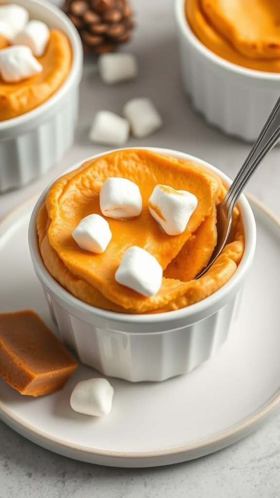 Delicious sweet potato soufflé topped with mini marshmallows in a white ramekin