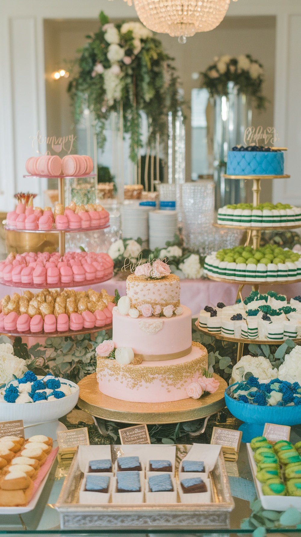 A beautifully arranged dessert table with various colorful treats including cakes, macarons, and pastries.