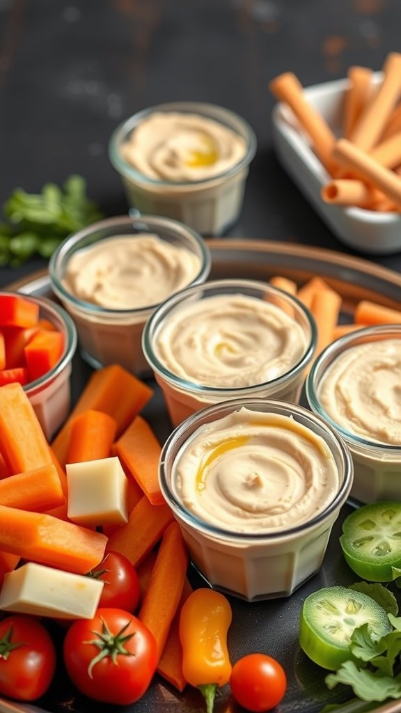 A plate with colorful veggies and hummus cups, including carrots, tomatoes, and bell peppers.
