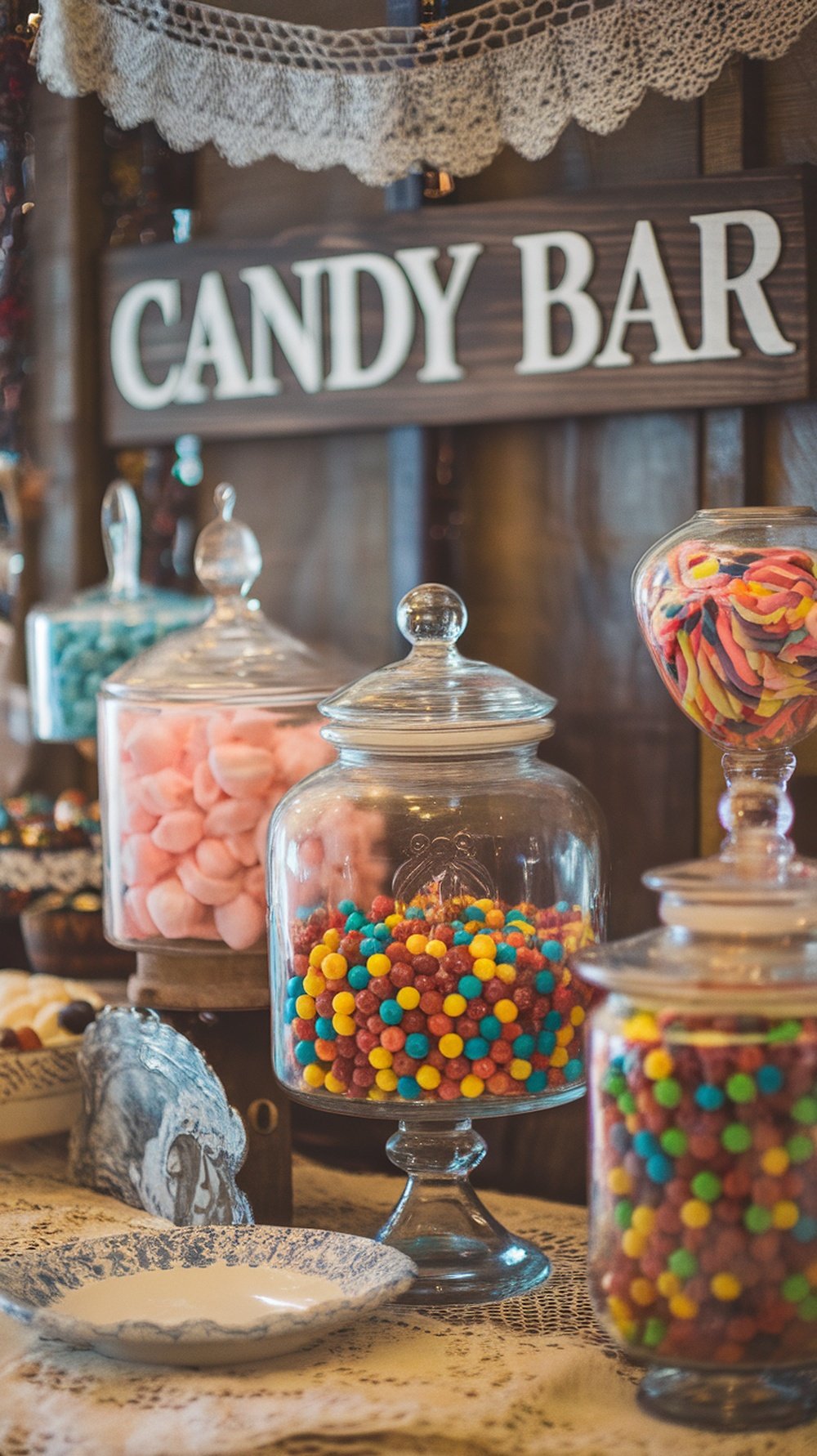 A vintage candy bar display with glass jars filled with colorful candies and a sign that reads 'Candy Bar'.