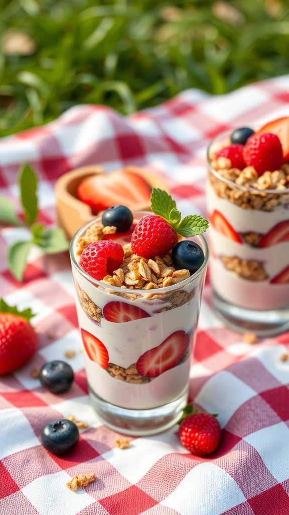 Yogurt parfait cups with strawberries, blueberries, and granola on a picnic blanket