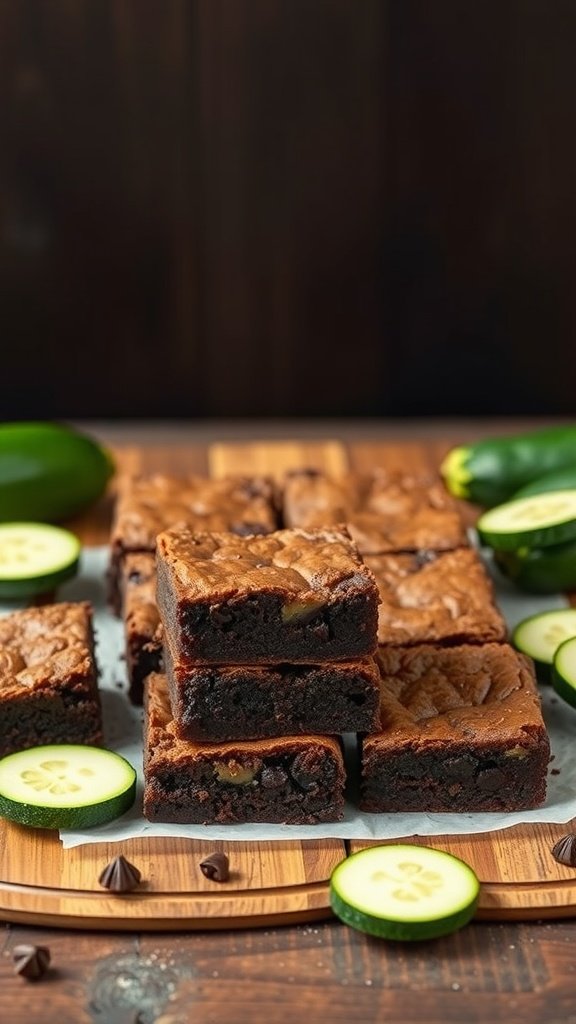 Delicious zucchini brownies on a wooden platter, garnished with slices of zucchini.